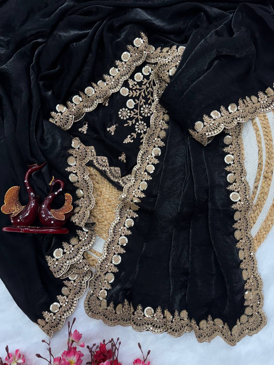 Silk Saree with Dual Sequins and Elegant Cording Embroidery Work