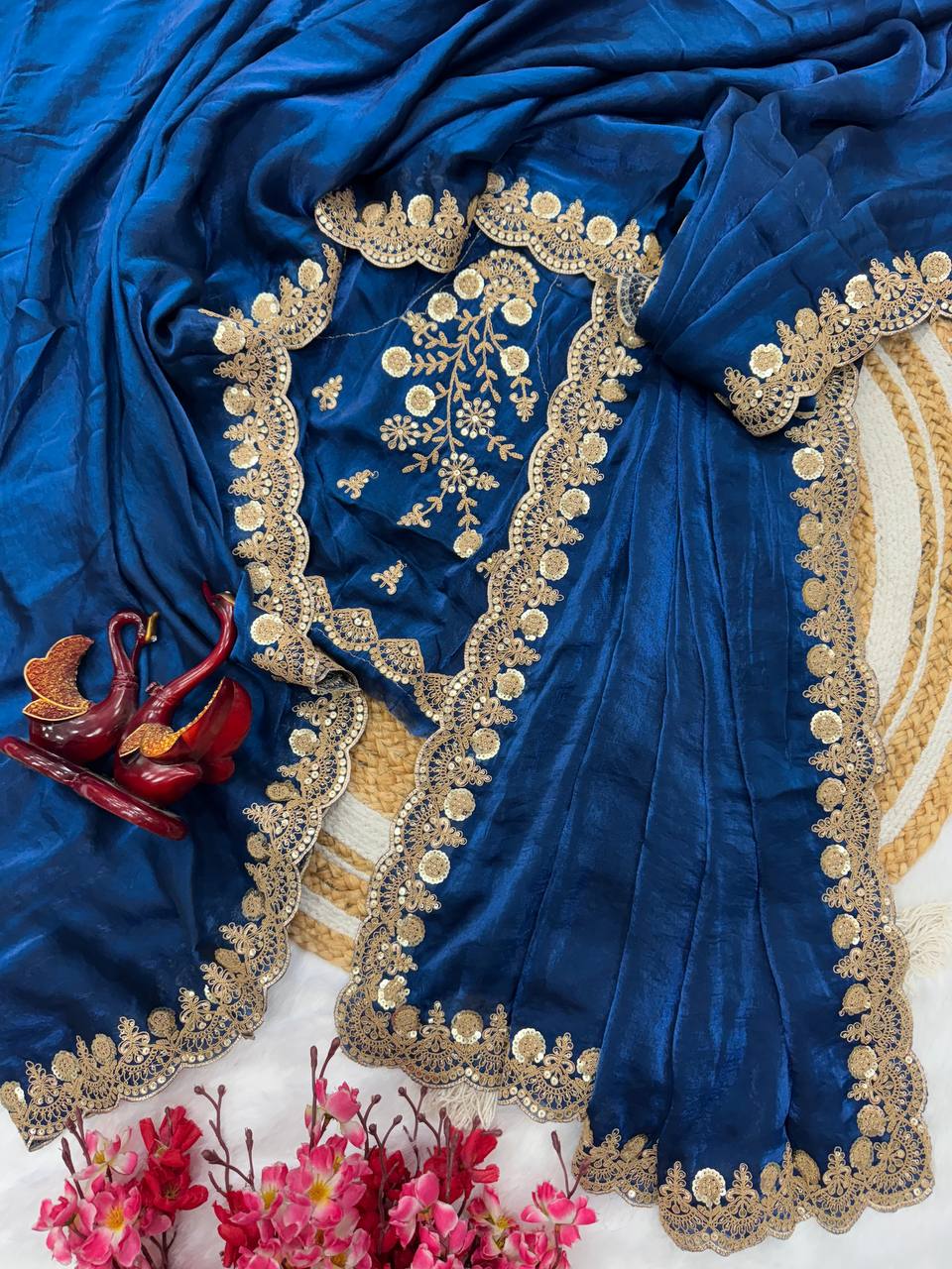 Silk Saree with Dual Sequins and Elegant Cording Embroidery Work