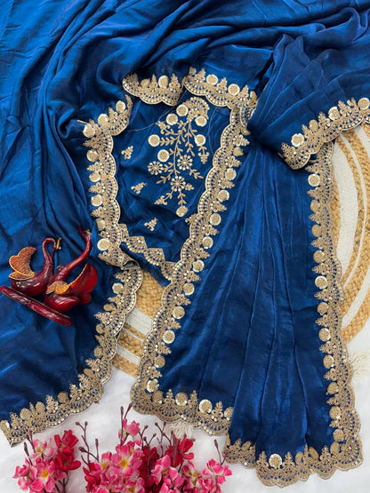 Silk Saree with Dual Sequins and Elegant Cording Embroidery Work