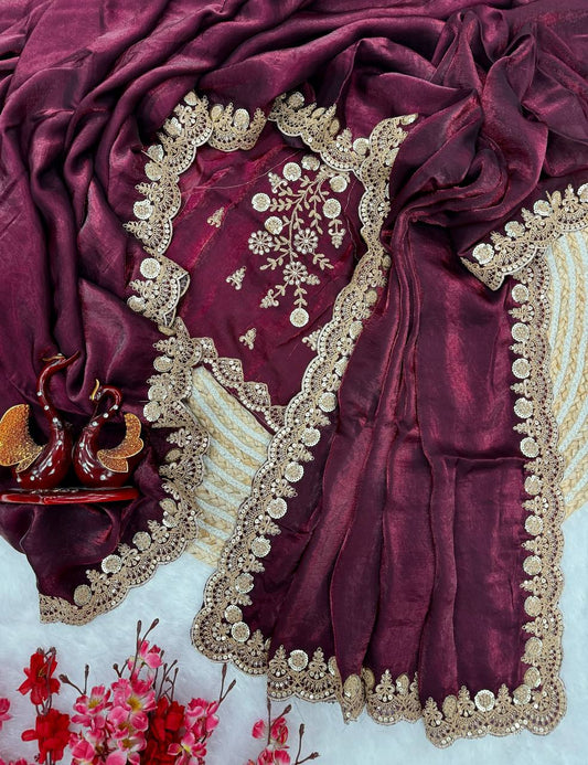 Silk Saree with Dual Sequins and Elegant Cording Embroidery Work