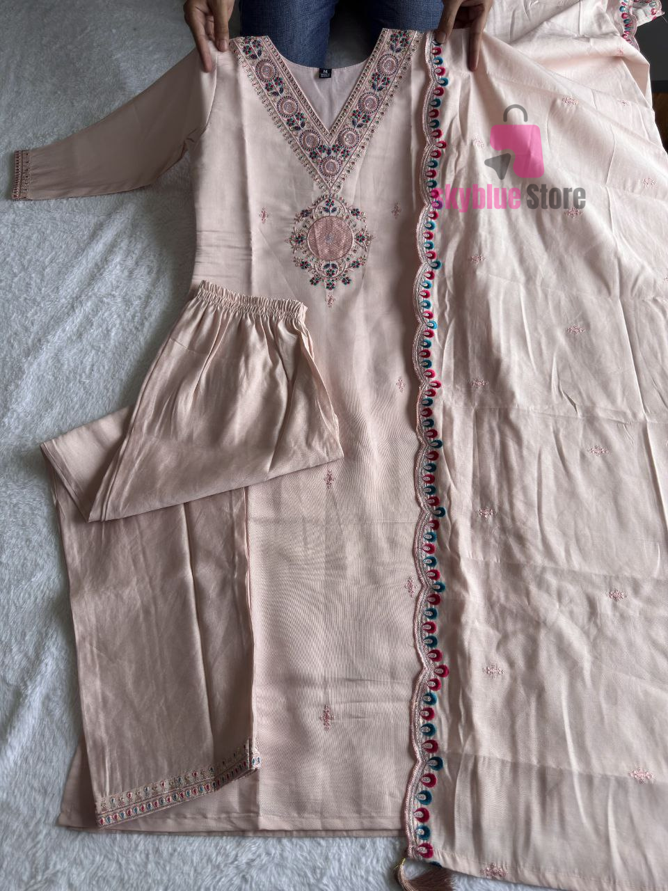 Peach Roman Silk Full Stitched Embrodered Salwar Suit Set