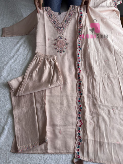 Peach Roman Silk Full Stitched Embrodered Salwar Suit Set