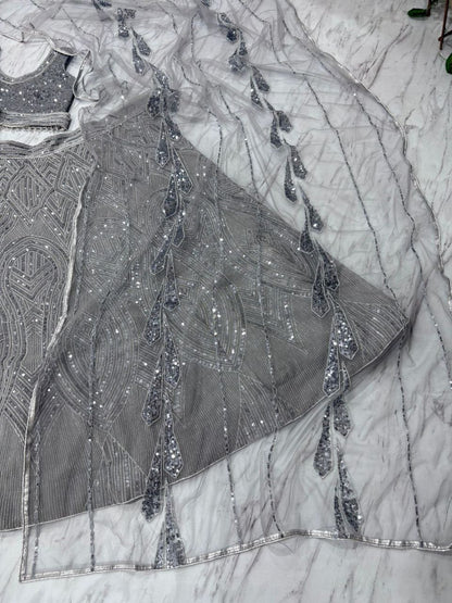 Steel Grey Georgette Heavy Sequence Work Long Lehenga Choli
