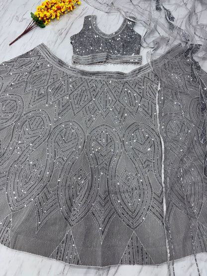 Steel Grey Georgette Heavy Sequence Work Long Lehenga Choli