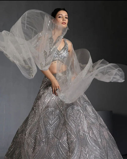 Steel Grey Georgette Heavy Sequence Work Long Lehenga Choli