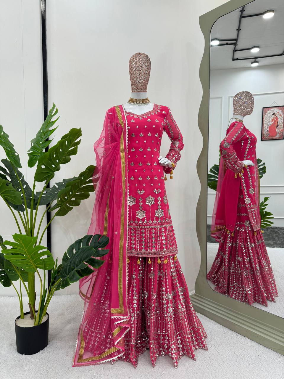 Pink Georgette Embroidered Sharara Suit