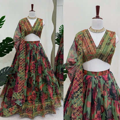 Green Digi Printed Tuby Organza Silk Lehenga Choli