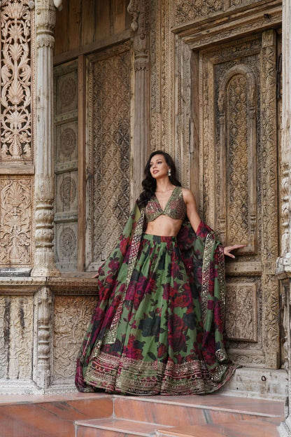 Green Digi Printed Tuby Organza Silk Lehenga Choli