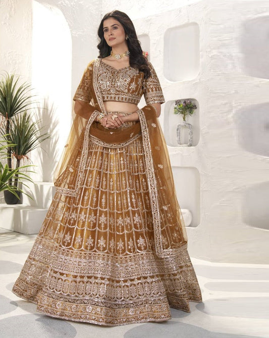 Rust Color Soft Net Sequence Work Lehenga Choli