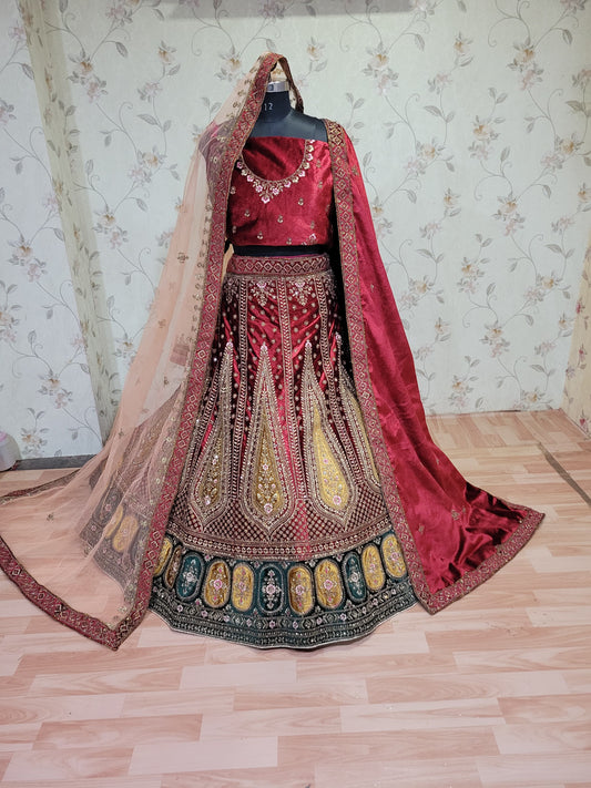 Bridal Wear Lycra Velvet Zarkan Work Multi Colour Double Duppata & Double Cancan Lehenga Choli