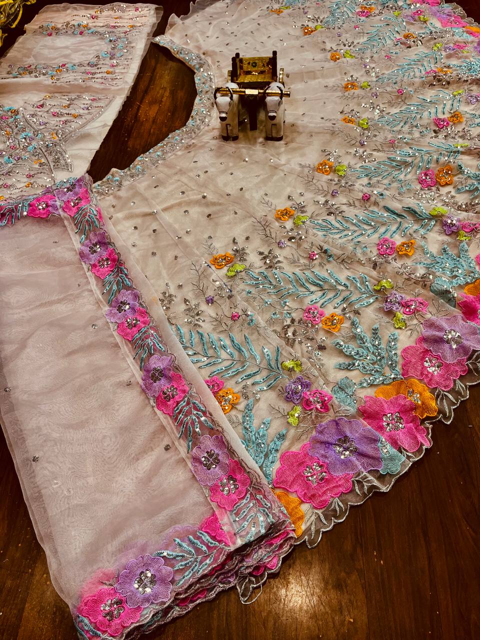 Wedding Wear Colorful Floral Work Organza Silk Lehenga Choli