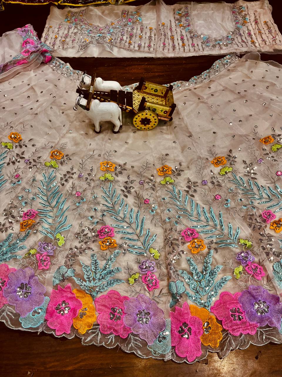 Wedding Wear Colorful Floral Work Organza Silk Lehenga Choli