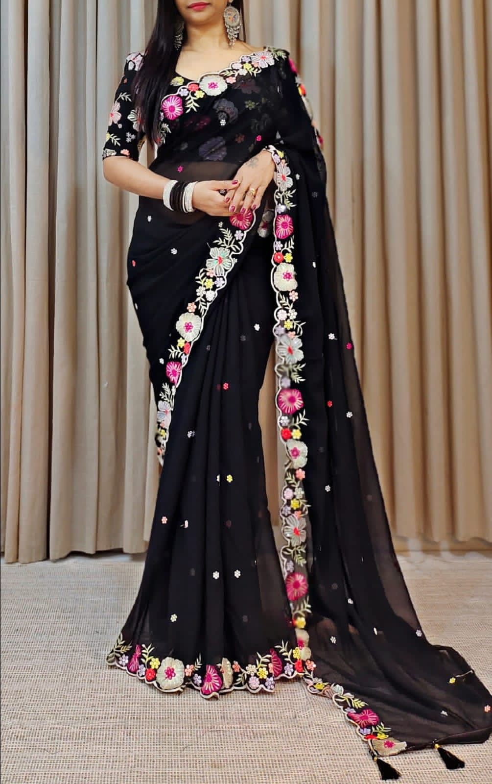 Function Wear Multi Color Thread & Sequence Lace Border Work Saree