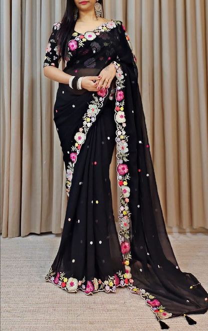 Function Wear Multi Color Thread & Sequence Lace Border Work Saree