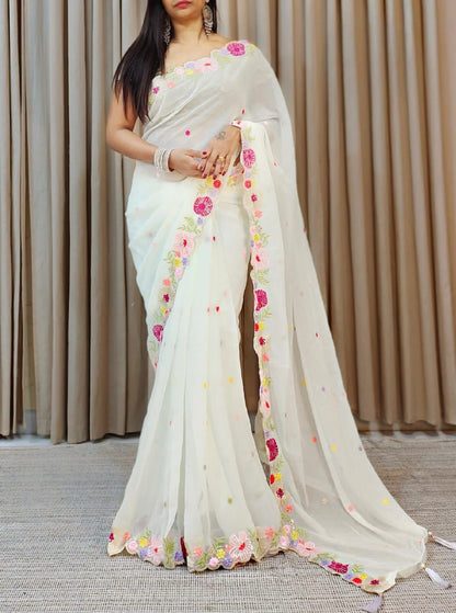 Function Wear Multi Color Thread & Sequence Lace Border Work Saree