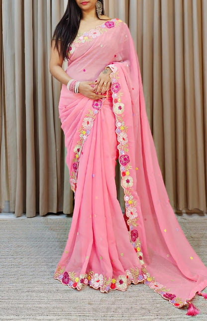 Function Wear Multi Color Thread & Sequence Lace Border Work Saree