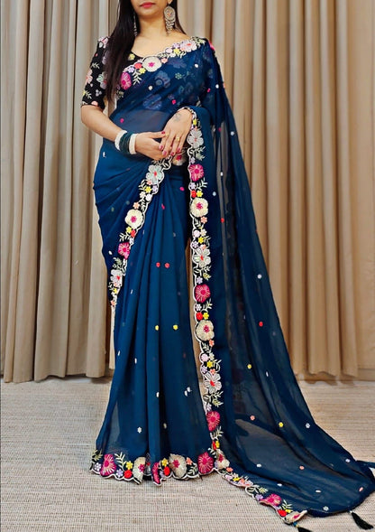 Function Wear Multi Color Thread & Sequence Lace Border Work Saree