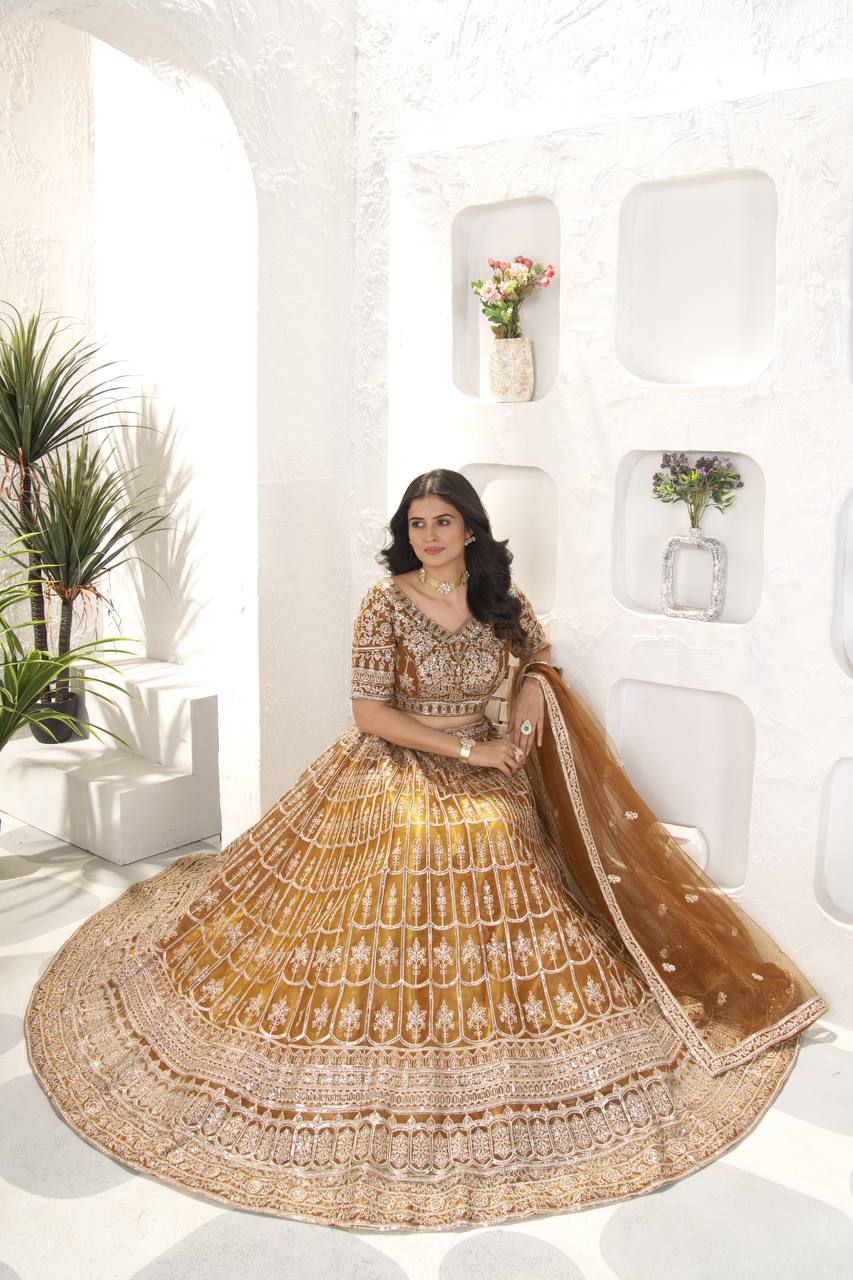 Rust Color Soft Net Sequence Work Lehenga Choli