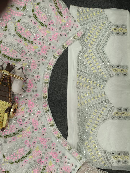 Pink Thread Floral Work White Semi Stitched Lehenga Choli