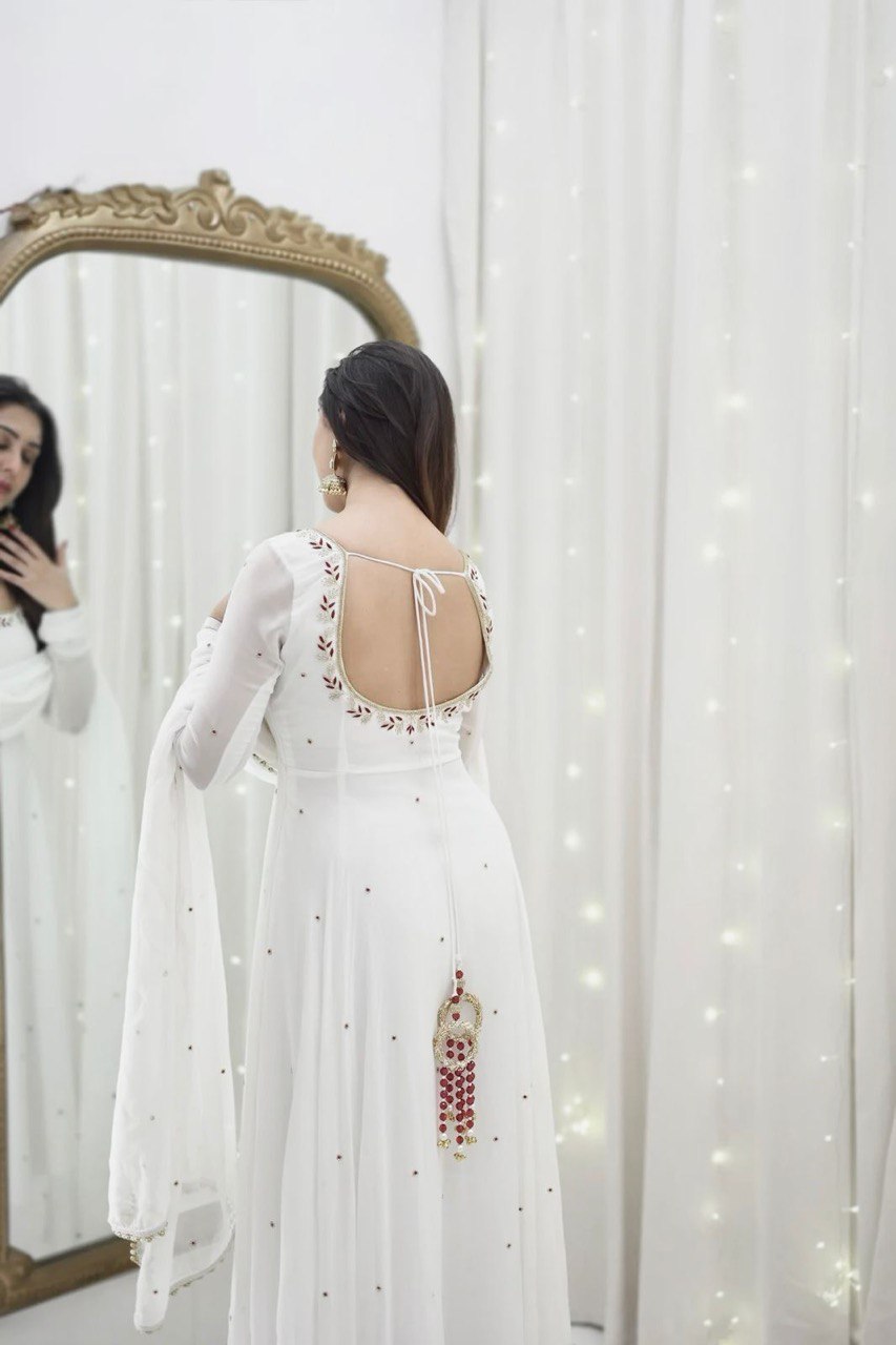 Designer White Georgette Ready to Wear Anarkali Gown Set