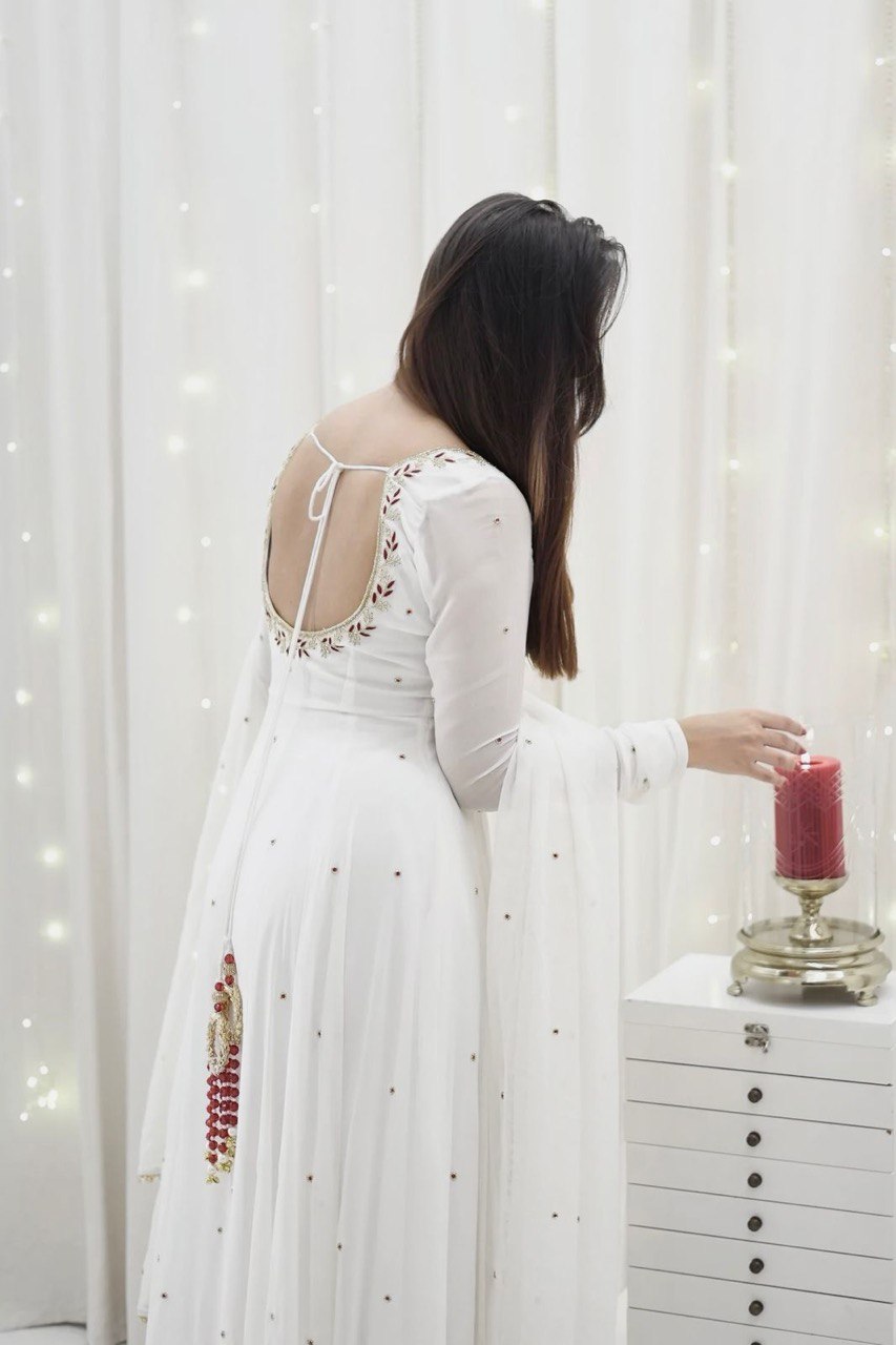 Designer White Georgette Ready to Wear Anarkali Gown Set