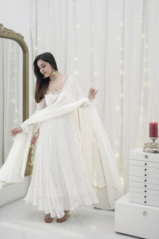 Designer White Georgette Ready to Wear Anarkali Gown Set