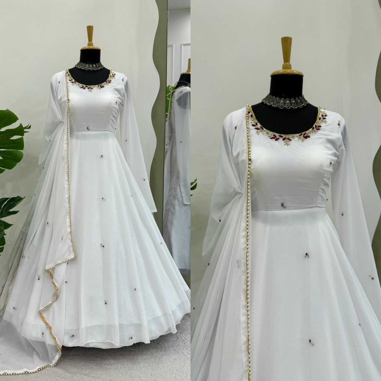 Designer White Georgette Ready to Wear Anarkali Gown Set