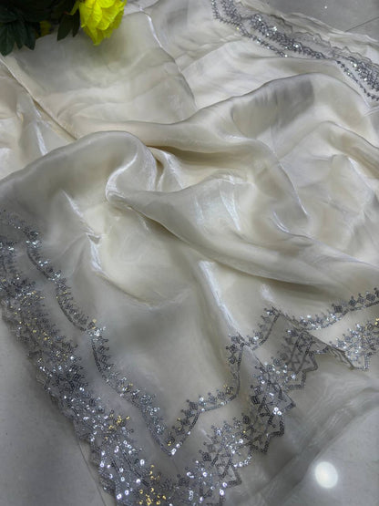 Beautiful Off White Jimmi Chu Silk Sequence Work Saree