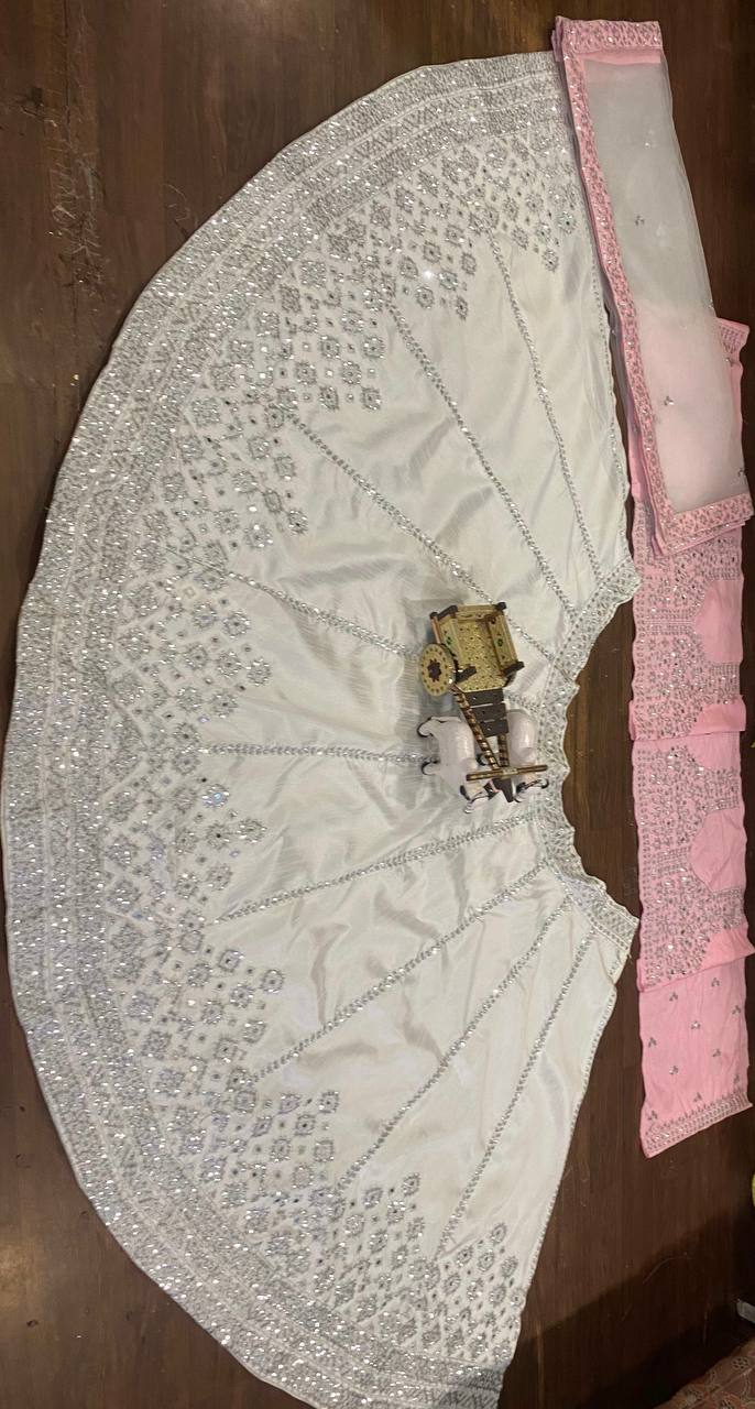 Function Wear Satin Silk White Embroidered Lehenga Choli