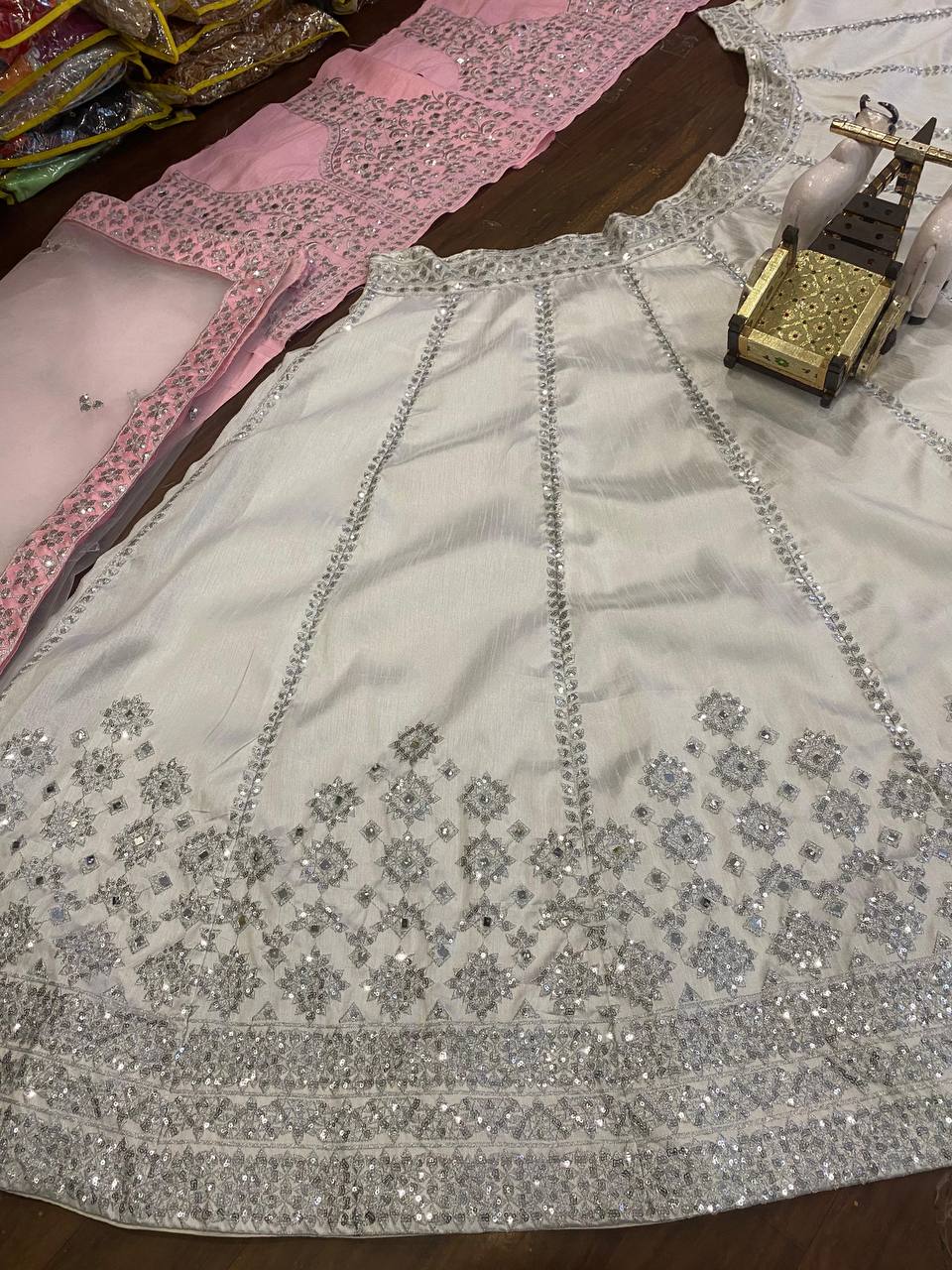Function Wear Satin Silk White Embroidered Lehenga Choli