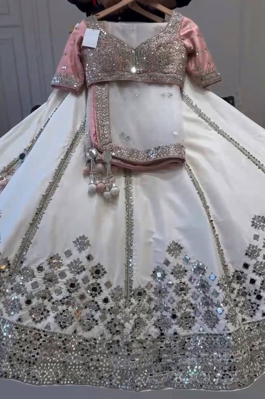 Function Wear Satin Silk White Embroidered Lehenga Choli