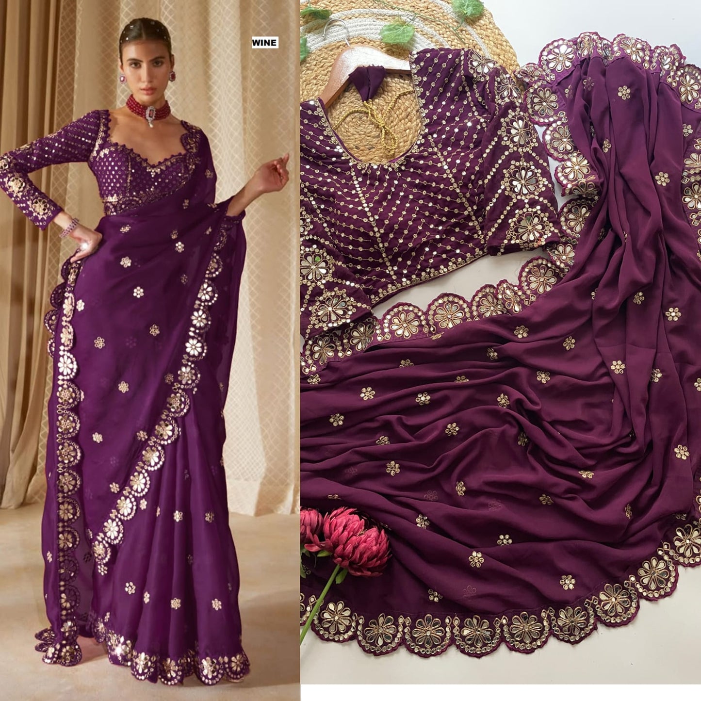 Stitched Blouse With Real Mirror Work Georgette Saree