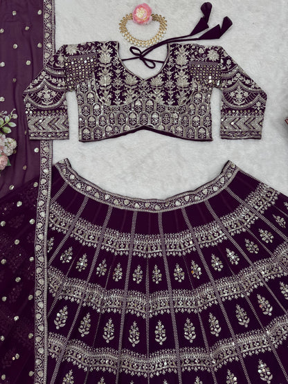 Wine Color Georgette Heavy Work Lehenga Choli For Any Function