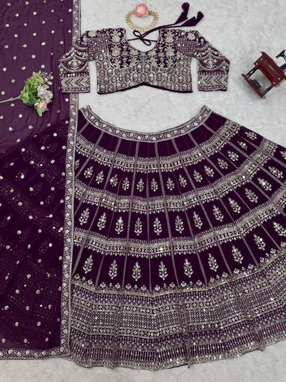 Wine Color Georgette Heavy Work Lehenga Choli For Any Function
