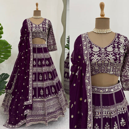 Wine Color Georgette Heavy Work Lehenga Choli For Any Function