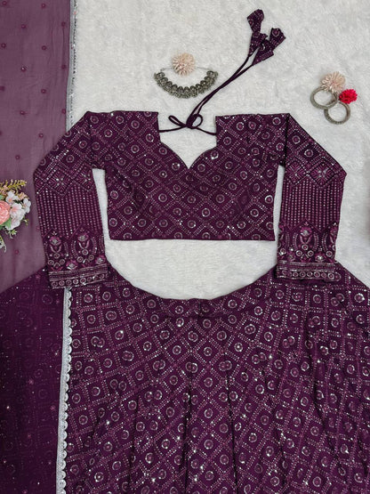 Wine Color Georgette Wedding Wear Lehenga Choli