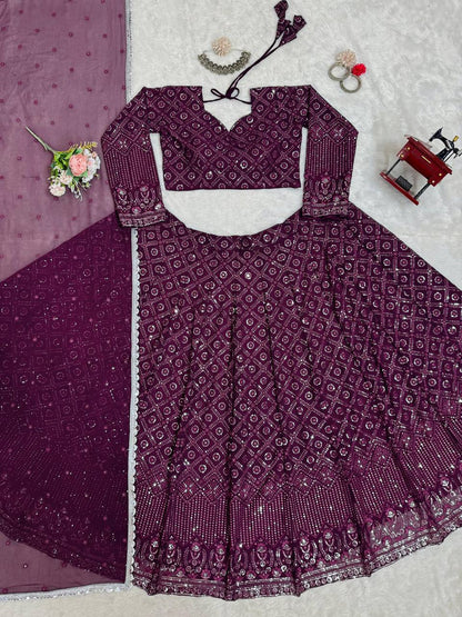 Wine Color Georgette Wedding Wear Lehenga Choli