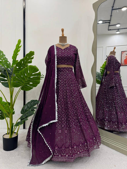 Wine Color Georgette Wedding Wear Lehenga Choli