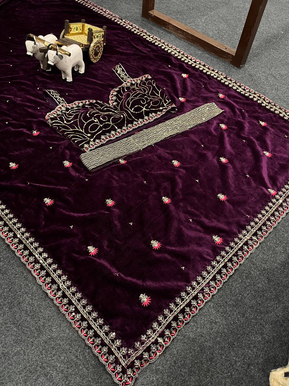 Wine color Velvet Coding Sequence Work Saree with Fabric Form Blouse