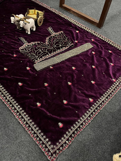 Wine color Velvet Coding Sequence Work Saree with Fabric Form Blouse