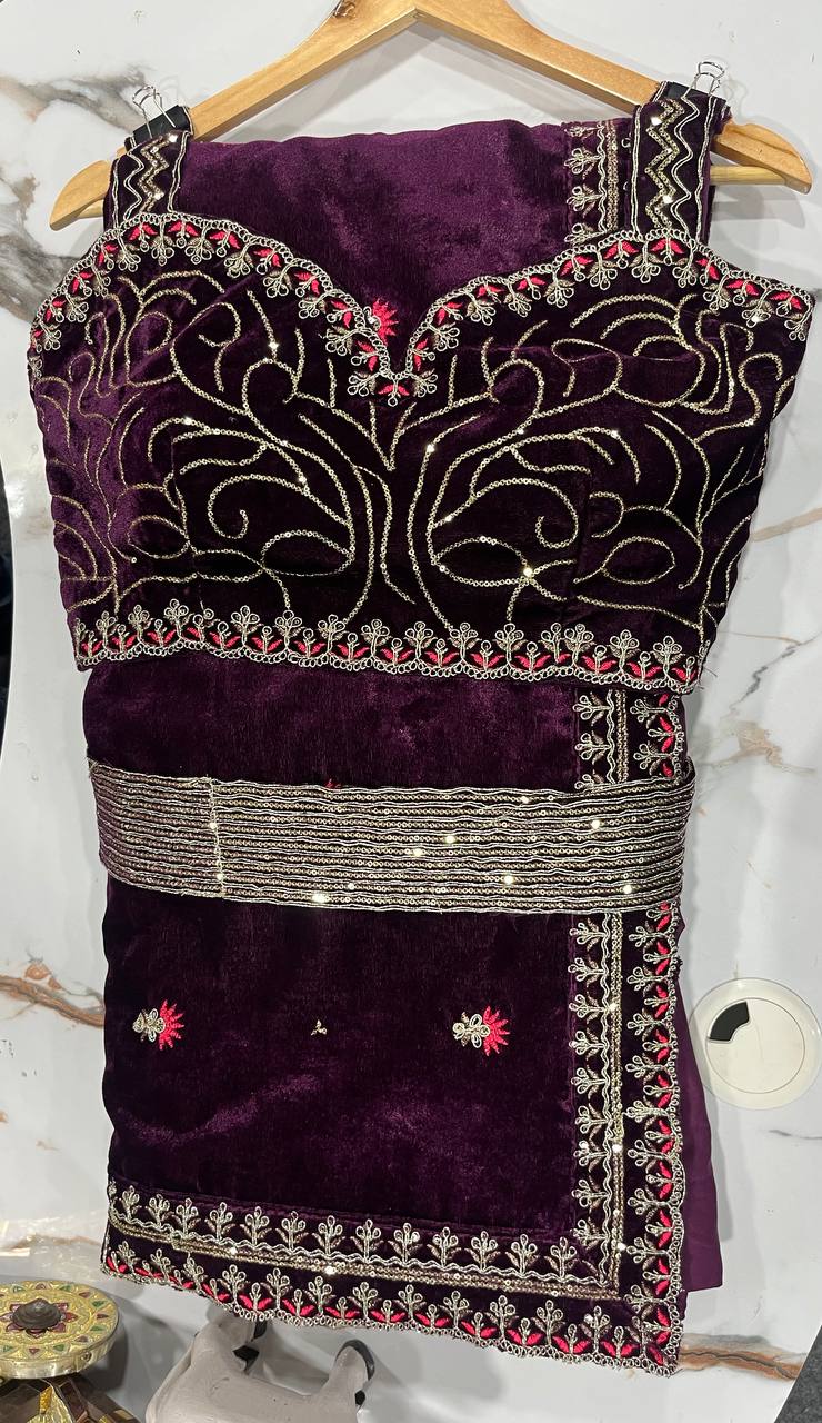 Wine color Velvet Coding Sequence Work Saree with Fabric Form Blouse