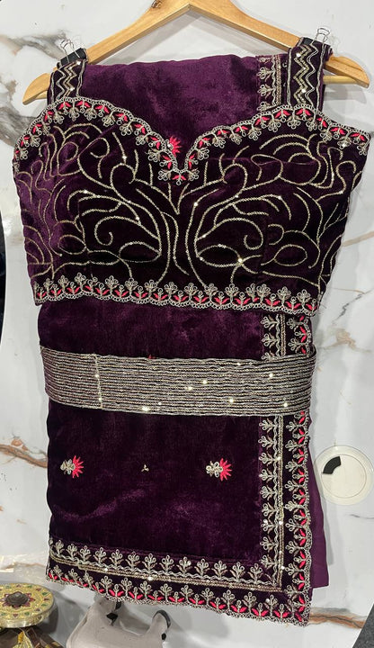 Wine color Velvet Coding Sequence Work Saree with Fabric Form Blouse