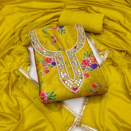 Chinon Silk Print And Hand Work Dress Material For Women