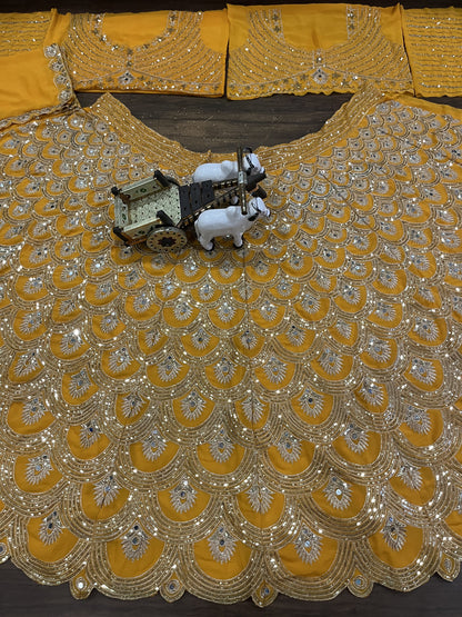Real Mirror Work Yellow Color Georgette Semi Stitched Lehenga Choli