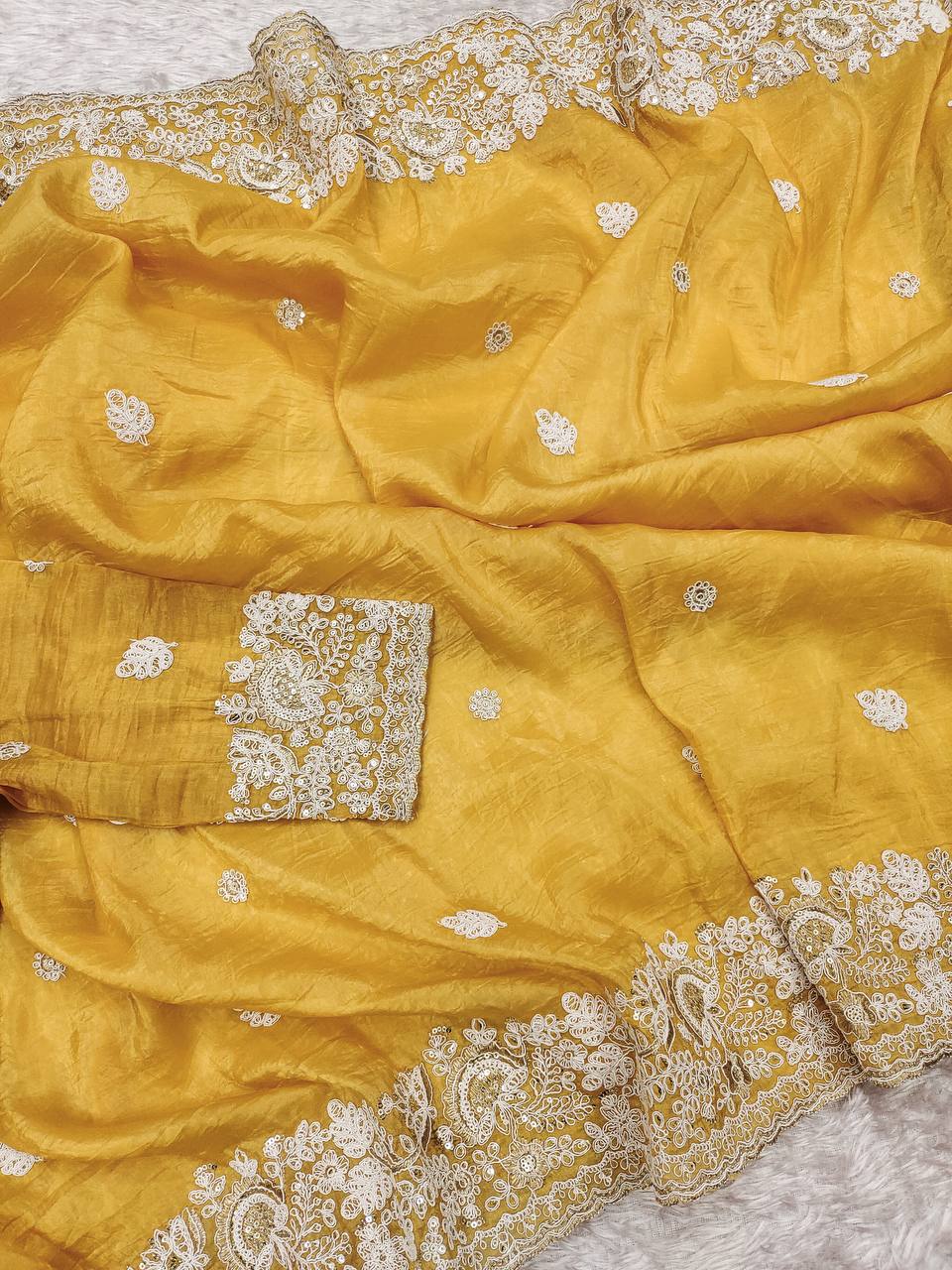 Yellow Silk Embroidered Saree Blouse