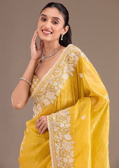 Yellow Silk Embroidered Saree Blouse