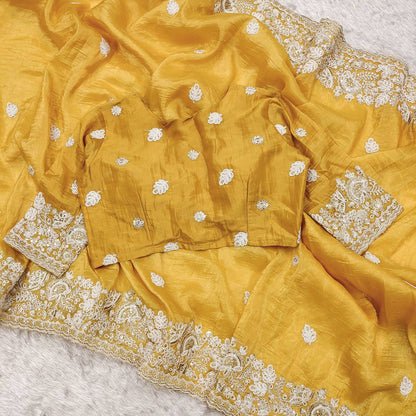 Yellow Silk Embroidered Saree Blouse