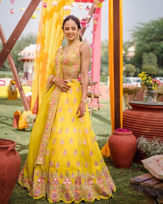 Wedding Wear Georgette Yellow Embroidered Lehenga Choli