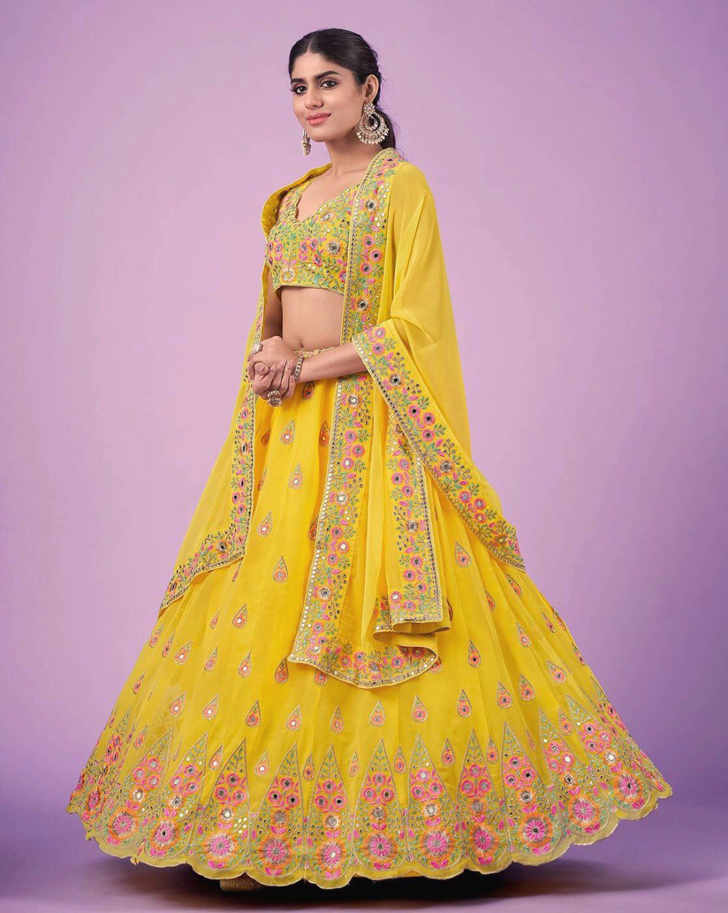 Wedding Wear Georgette Yellow Embroidered Lehenga Choli