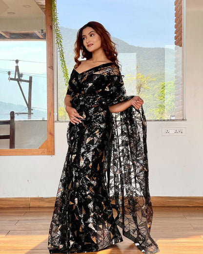 Beautiful Black Color Soft Net Sequence Work Designer Saree_stockout